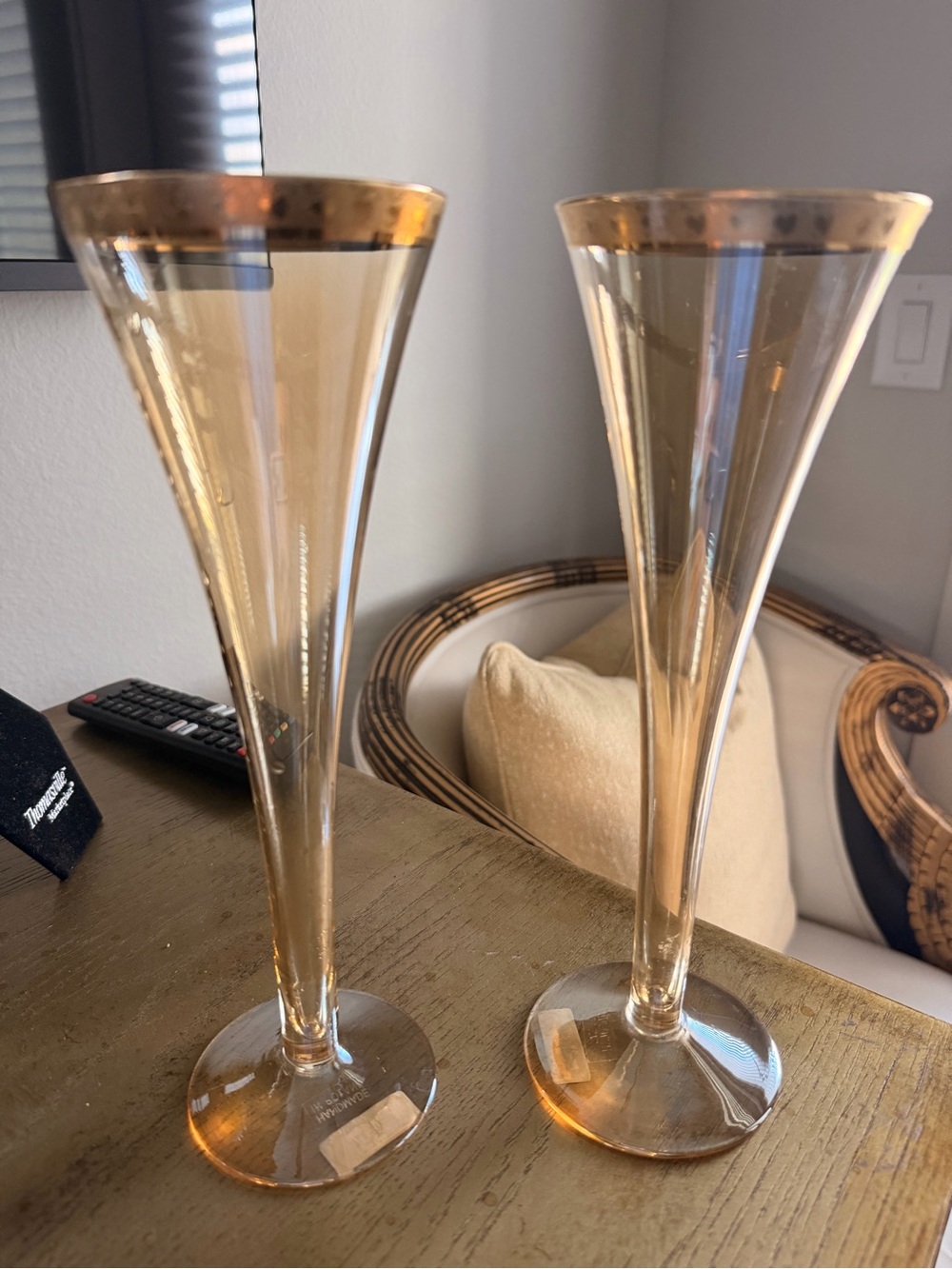 Vintage Newman Marcus Handmade Art Glass Champagne Flutes -Gold Heart Motif